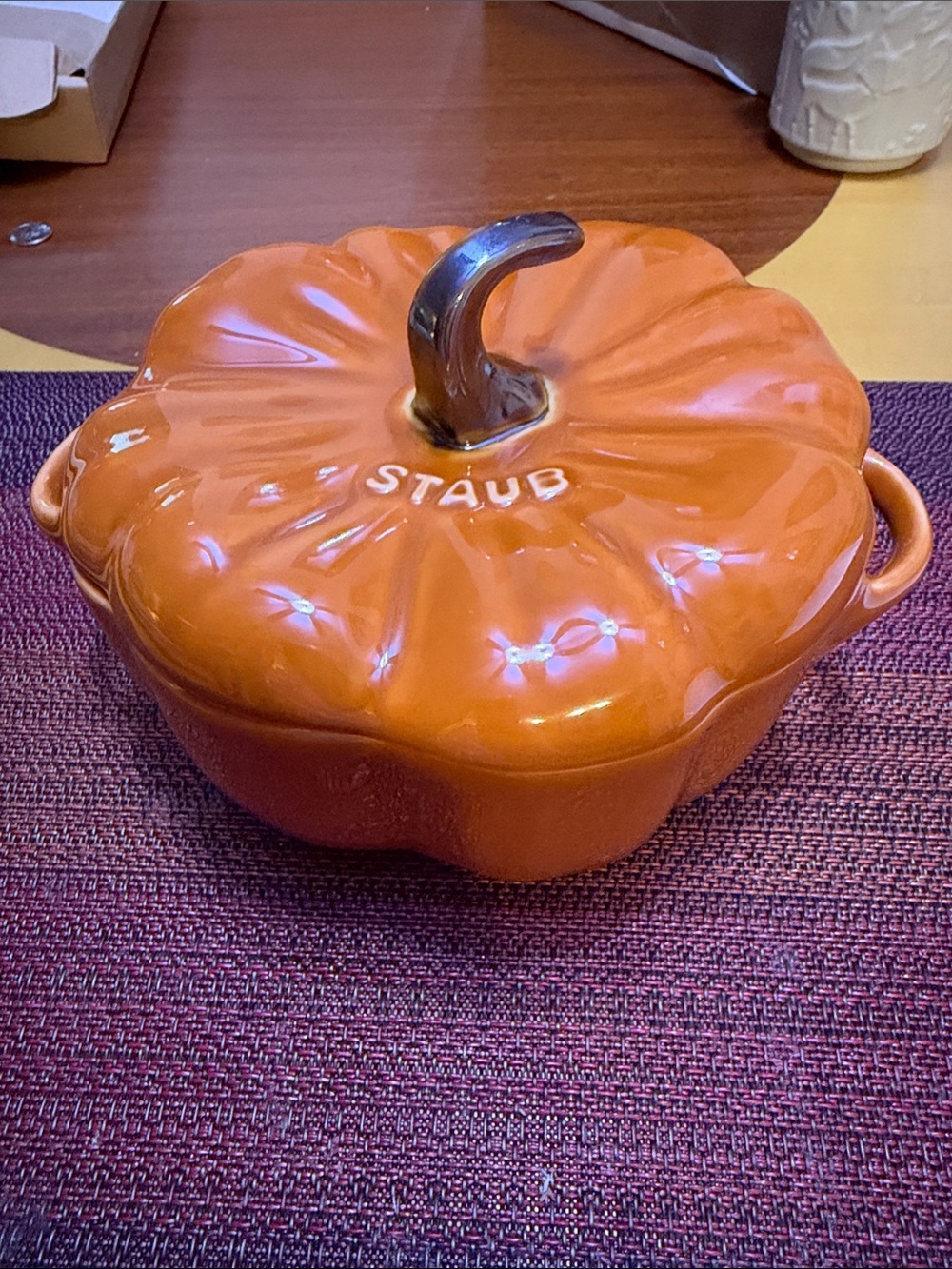 Staub Pumpkin Cocotte in Bright Orange with Brown Stem